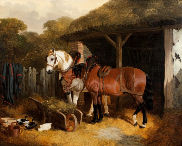 Two Harnessed Cart Horses. The painting by John Frederick Sr. Herring