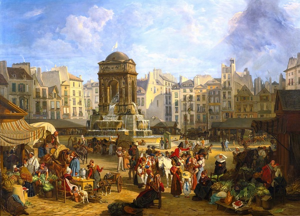 View of the Market and Fontaine des Innocents, Paris. The painting by John James Chalon