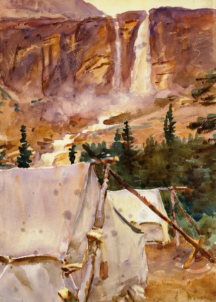 Camp and Waterfall. The painting by John Singer Sargent