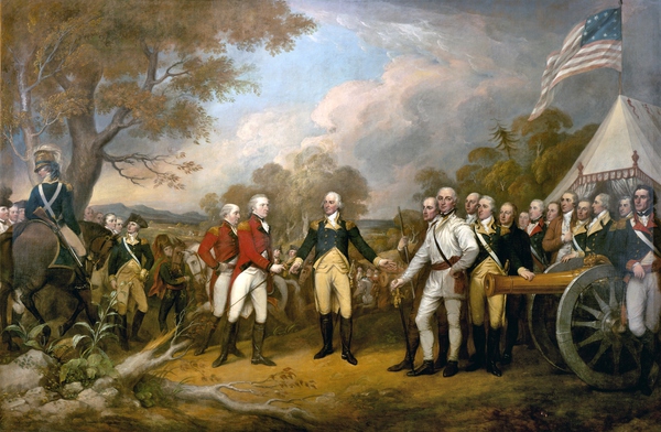 Surrender of General Burgoyne at Saratoga. The painting by John Trumbull