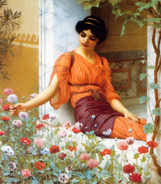 By the Summer Flowers. The painting by John William Godward
