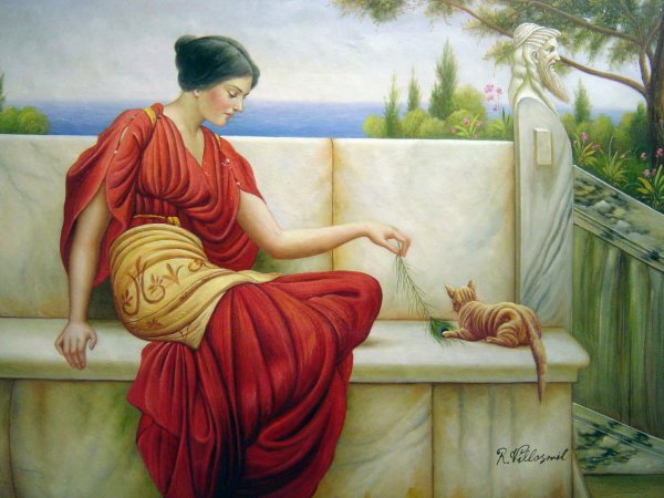 The Woman With Kitten. The painting by John William Godward