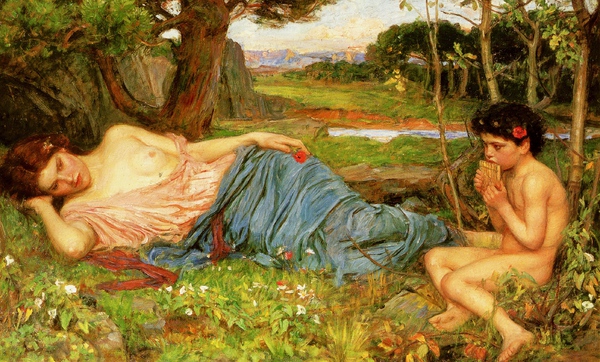 Listening to My Sweet Pipings. The painting by John William Waterhouse