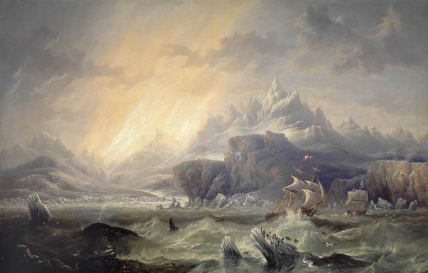 HMS Erebus and Terror in the Antarctic. The painting by John Wilson Carmichael