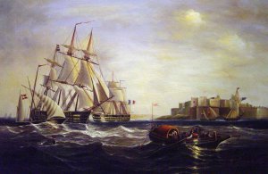 John Wilson Carmichael, Malta, With French Ship 'Charlemagne' And English Ship, Painting on canvas