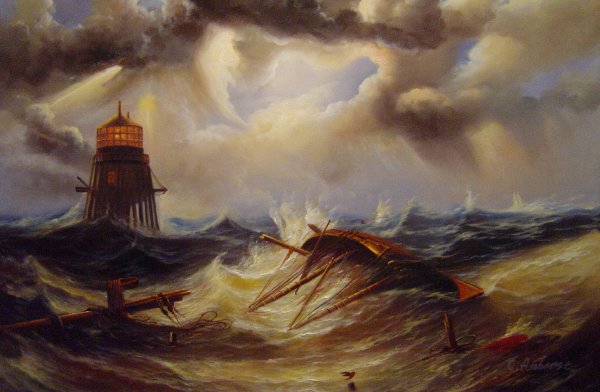 The Irwin Lighthouse, Storm Raging. The painting by John Wilson Carmichael