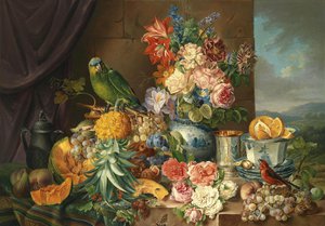 Josef Schuster, A Still Life with Fruits, Flowers and Parrot, Art Reproduction