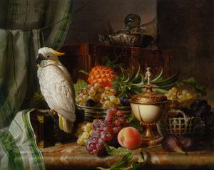 Reproduction oil paintings - Josef Schuster - Cockatoo, Grapes, Figs, Plums, a Pineapple, and a Peach