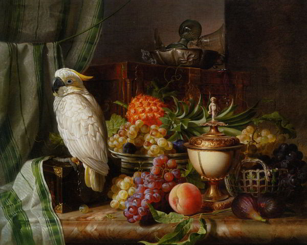 Cockatoo, Grapes, Figs, Plums, a Pineapple, and a Peach. The painting by Josef Schuster