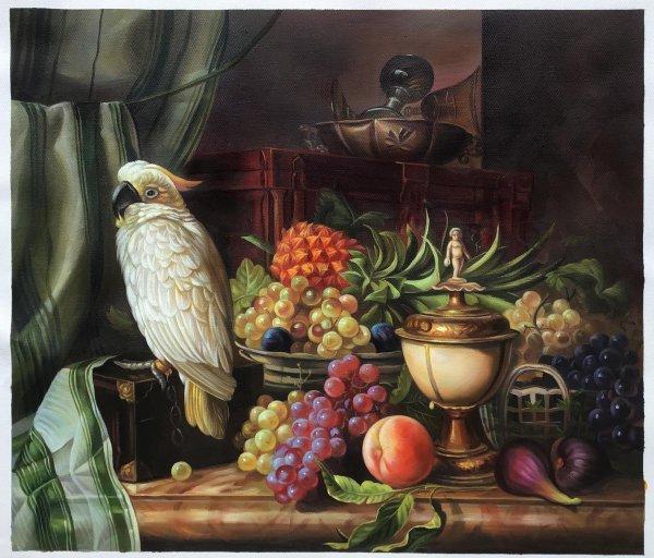 Cockatoo, Grapes, Figs, Plums, a Pineapple, and a Peach. The painting by Josef Schuster