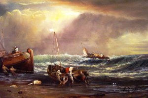 Coastal Scene Of Fisherman Hauling A Boat Ashore, Joseph Mallard William Turner, Art Paintings