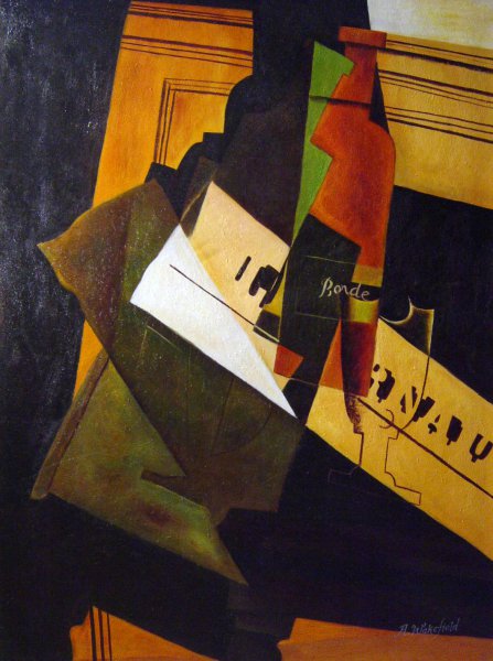 Bottle, Glass And Newspaper. The painting by Juan Gris