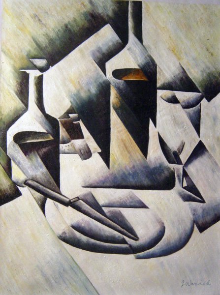 Bottles And Knife. The painting by Juan Gris
