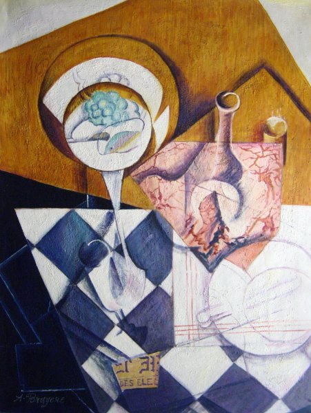 Fruit Bowl With Bottle. The painting by Juan Gris