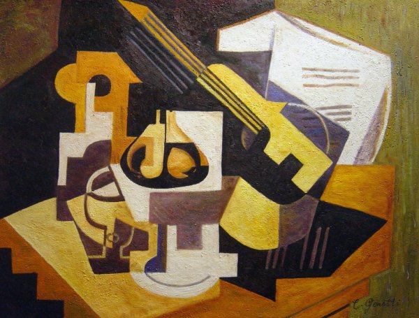 Guitar And Fruit Bowl On A Table. The painting by Juan Gris