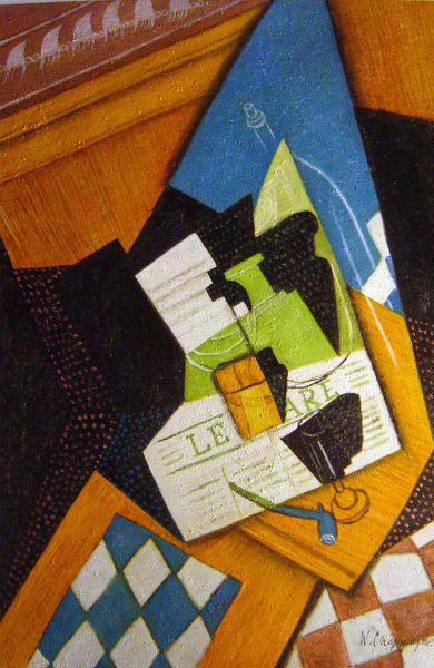 Water Bottle, Bottle, And Fruit Dish. The painting by Juan Gris