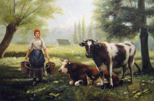 Julien Dupre, A Milkmaid With Her Cows On A Summer Day, Painting on canvas