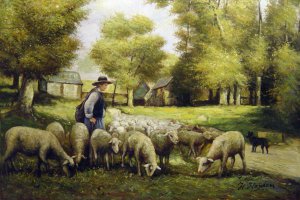 Julien Dupre, A Shepherd And His Flock, Art Reproduction