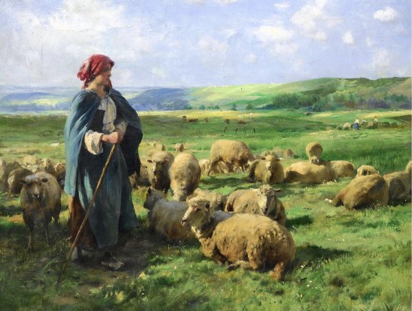 A Young Shepherdess Watching Over her Flock. The painting by Julien Dupre