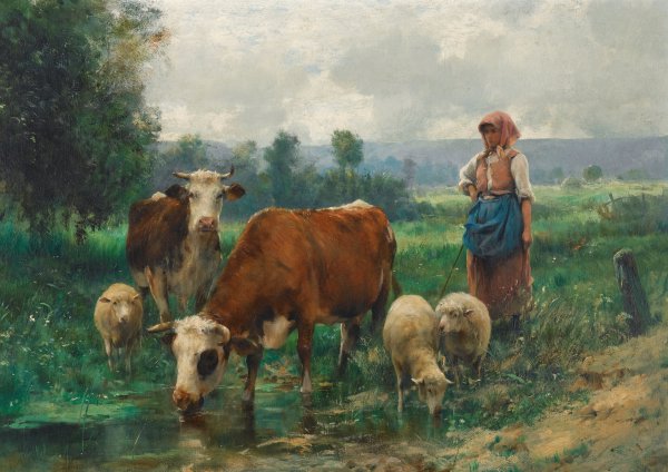 Shepherdess with her Flock. The painting by Julien Dupre
