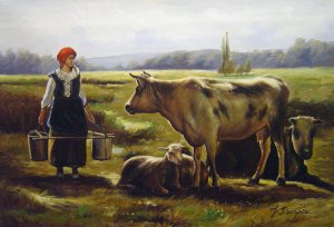 Julien Dupre, The Milkmaid And Cows, Painting on canvas
