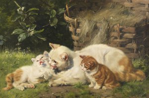 Julius Adam, Cat and Her Kittens, Art Reproduction