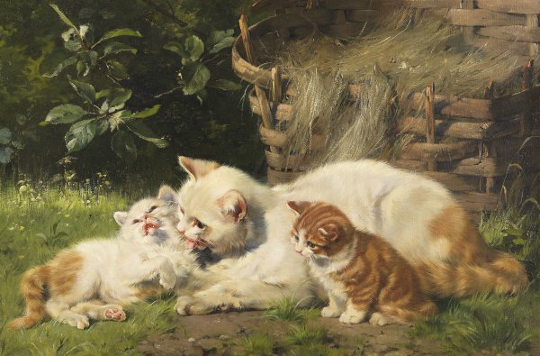 Cat and Her Kittens. The painting by Julius Adam