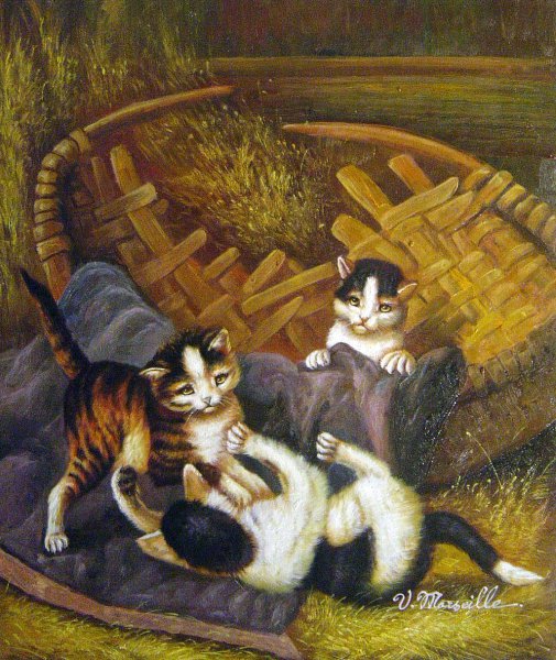 Playful Kittens In A Basket. The painting by Julius Adam