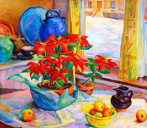 Kathryn E. Bard Cherry, Still Life with Poinsettias, Painting on canvas