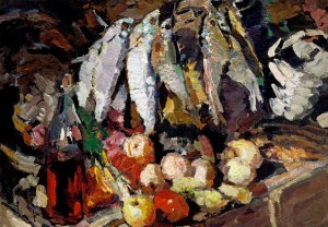 Konstantin Korovin, Fish, Wine, and Fruit, 1916, Painting on canvas