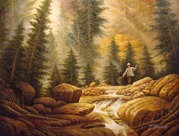 Fly Fisherman In The Rocky Mountains. The painting by L. Jacobsen