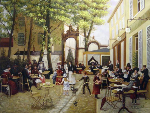 At The Terrace Of The Glacier Cafe, Stanislas Place At Nancy. The painting by Leon Joseph Voirin
