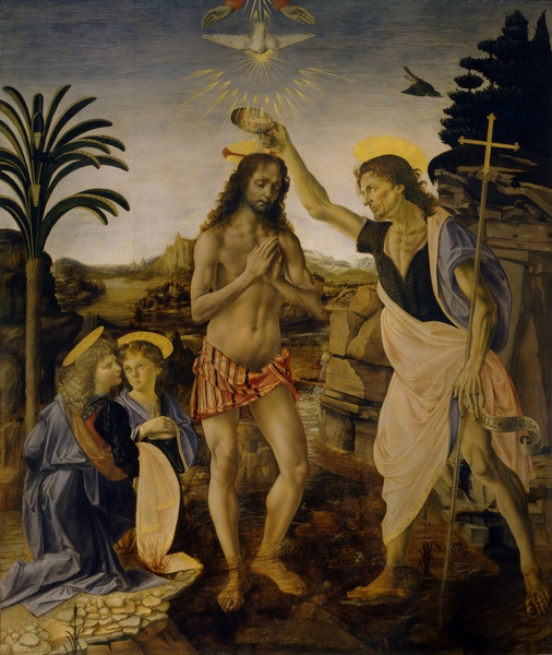 Baptism of Christ. The painting by Leonardo Da Vinci