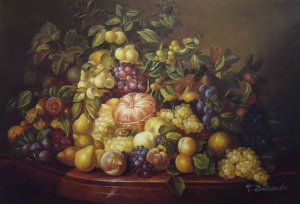 Leopold Zinnogger, A Still Life Of Fruit On A Marble Ledge, Painting on canvas