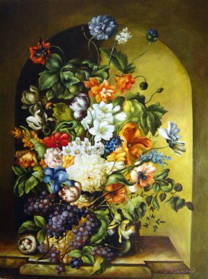 Leopold Zinnogger, A Still Life with Flowers And Grapes, Art Reproduction
