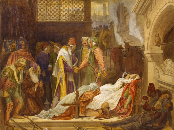 Reconciliation of the Montagues and the Capulets Over Romeo and Juliet. The painting by Lord Frederic Leighton