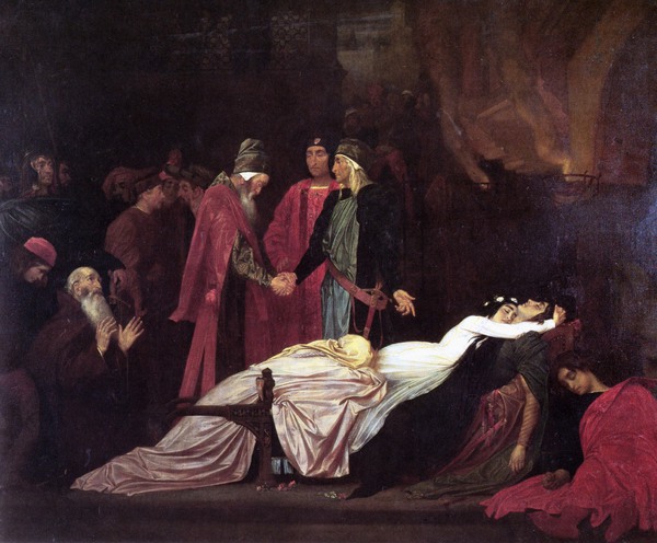 The Reconciliation of the Montagues and Capulets over the Dead Bodies of Romeo and Juliet. The painting by Lord Frederic Leighton