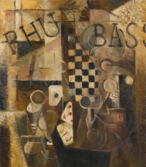 Louis Marcoussis, Still Life in the Damier/ Rhum/ Bass (Nature Morte au Damier/Rhum/Bass, 1912, Painting on canvas