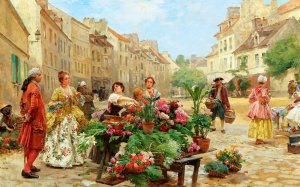 Famous paintings of Street Scenes: A Flower Market in the 18th Century, 1900