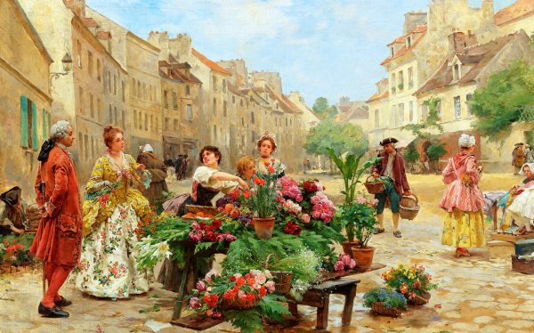 A Flower Market in the 18th Century, 1900. The painting by Louis Marie de Schryver