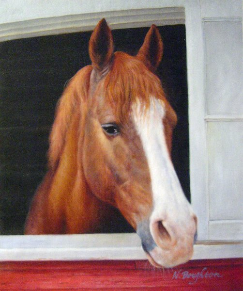 Lovable Horse Peeking Out Barn Window. The painting by Our Originals