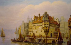 Famous paintings of Waterfront: A Town On The Rhine With Numerous Figures On The Quay