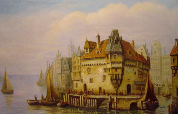A Town On The Rhine With Numerous Figures On The Quay. The painting by Ludwig Hermann