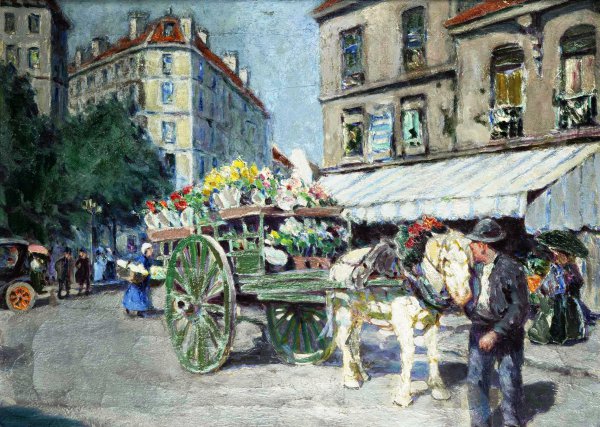 Flower Cart,  Paris. The painting by Luther Emerson Van Gorder