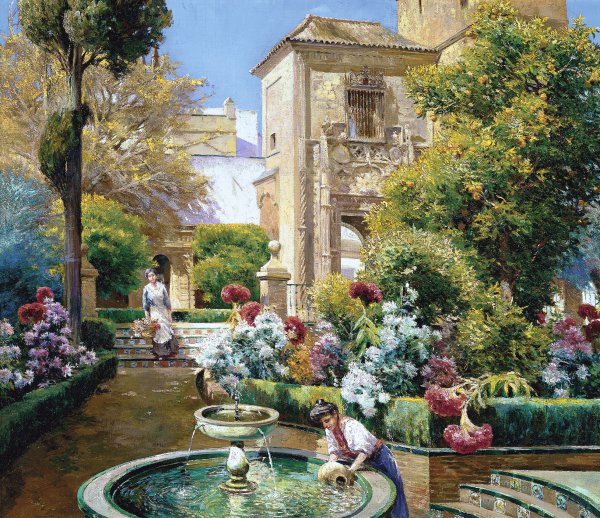 A Charming Alcazar Garden, Seville. The painting by Manuel Garcia Y Rodriguez