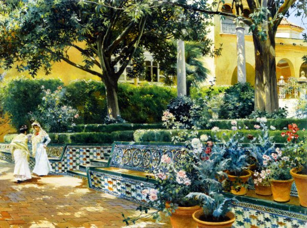 At the Gardens of the Alcazar Seville. The painting by Manuel Garcia Y Rodriguez