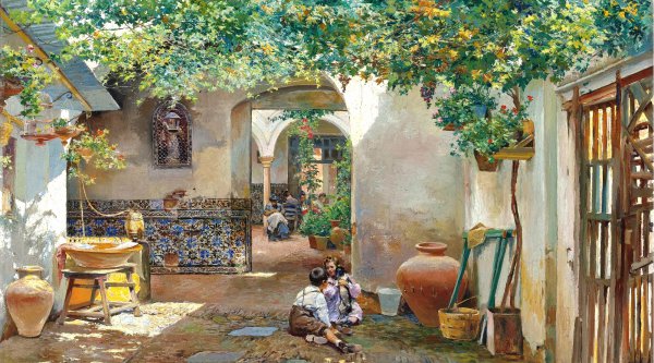 At Work and Play on the Patio. The painting by Manuel Garcia Y Rodriguez