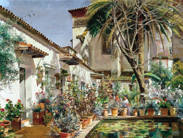 A First Atrium of Santa Paula Convent, Seville. The painting by Manuel Garcia Y Rodriguez