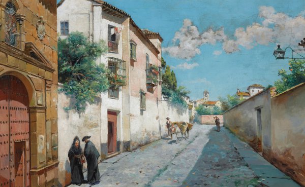 In the Street, Granada. The painting by Manuel Garcia Y Rodriguez