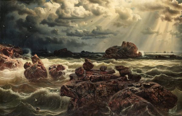 Coastal Landscape with Ships on the Horizon. The painting by Marcus Larson